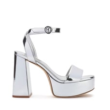 Larroude Dolly Platform Sandal Specchio Silver Leather Heels Ankle Strap Sz 10