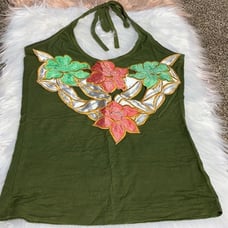 Vintage Green Halter Top Womens Size S Multi-Color Floral Shirt TShirt