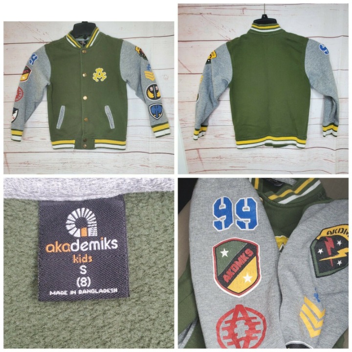 Akademiks Kids Small 8 Embroidered Patch Sleeve 99 Green Gray Sweater Jacket