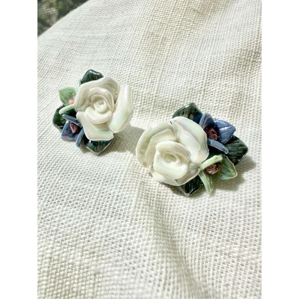 Pearlescent white rose stud earrings