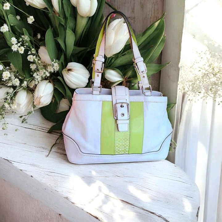 Vintage COACH Hamilton green and white Satchel with Buckle clasp