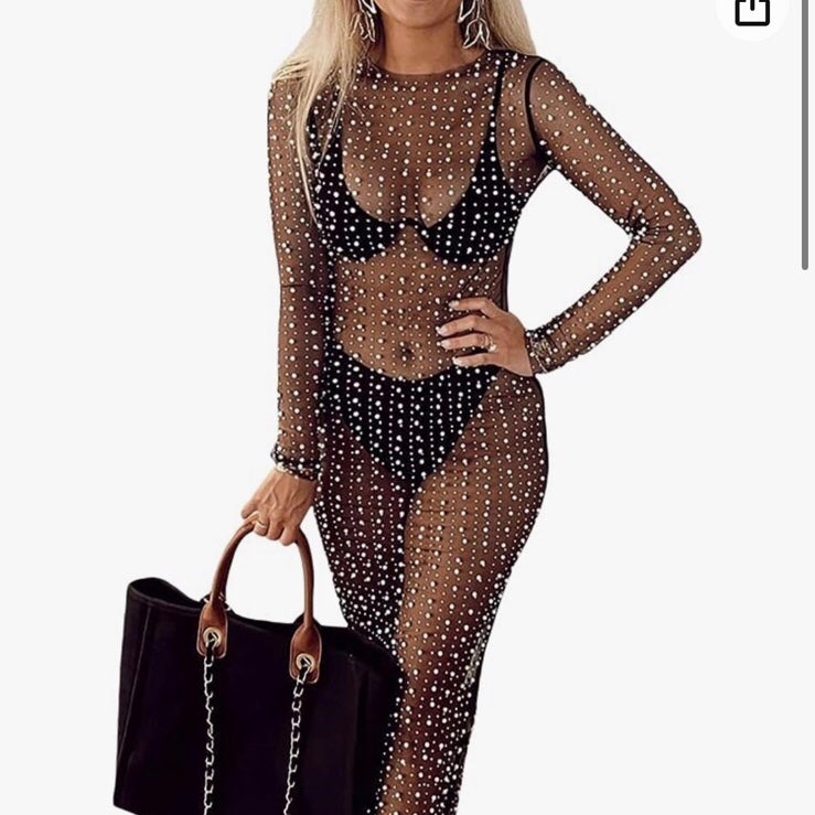 Honganda Sexy Women's Sheer Mesh Pearl Rhinestone Cover Up or Dress