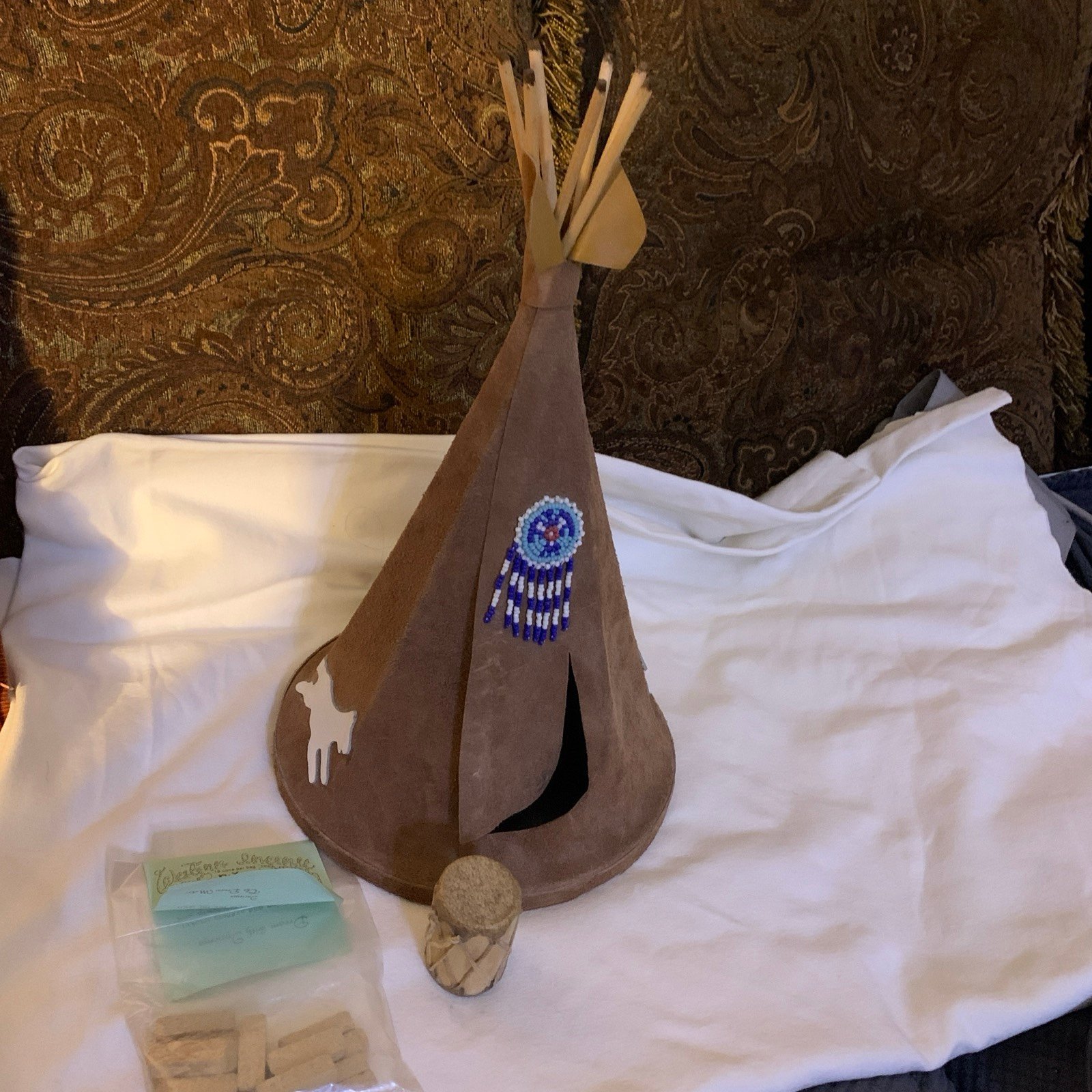 Native American Indian Teepee Hut Leather Sculpture + Stool+ Pinon Incienso
