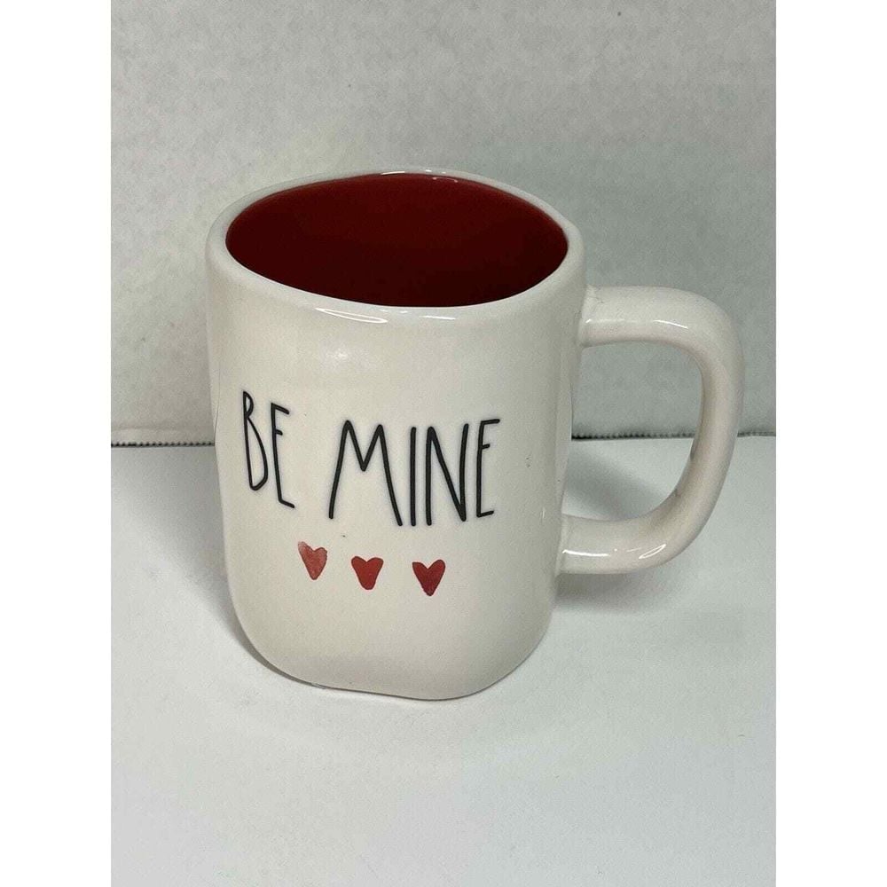 Rae Dunn Be Mine White Mug Red Inside Black Letters Hearts Love 3.5 inches