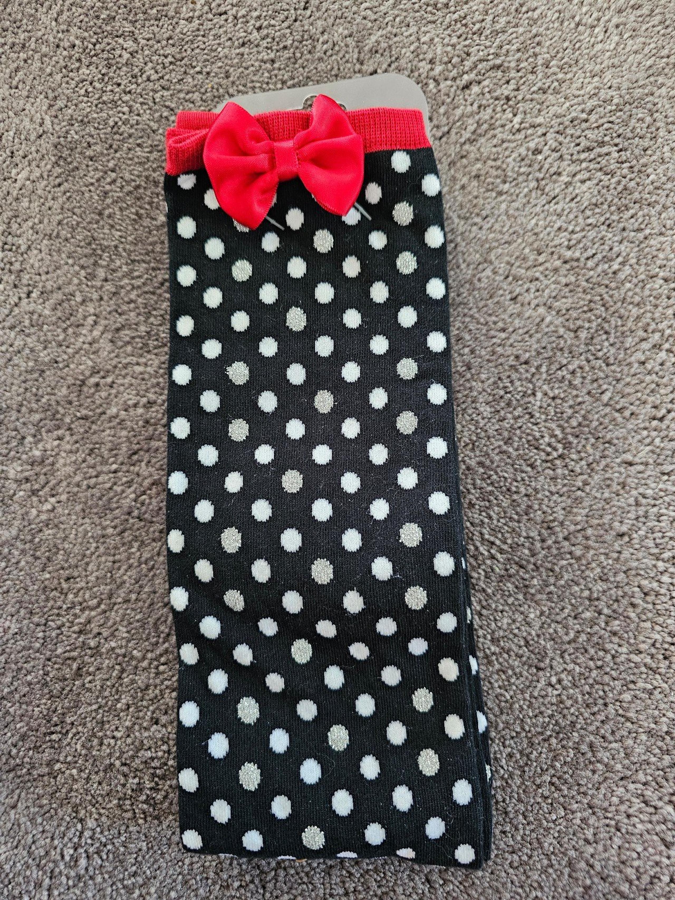NWT disney polka dot shimmery above knee bow socks