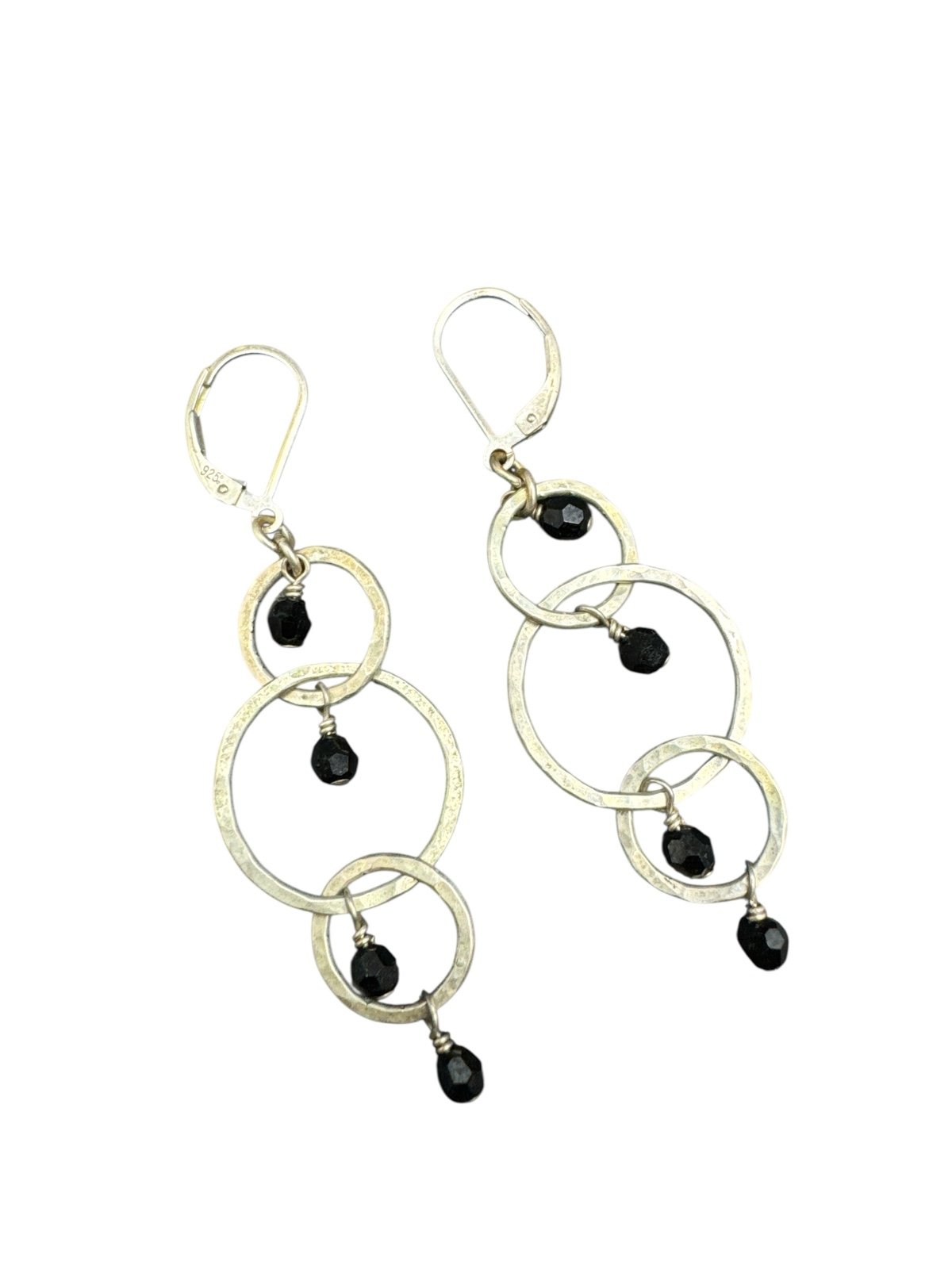 Vintage Black Garnet Sterling Silver Dangle Triple Hoop Earrings 2 3/4”