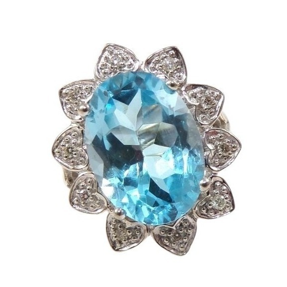 Solid 14K White Gold Blue Topaz 0.10 TCW Natural Diamond Flower Ring Size 5.5