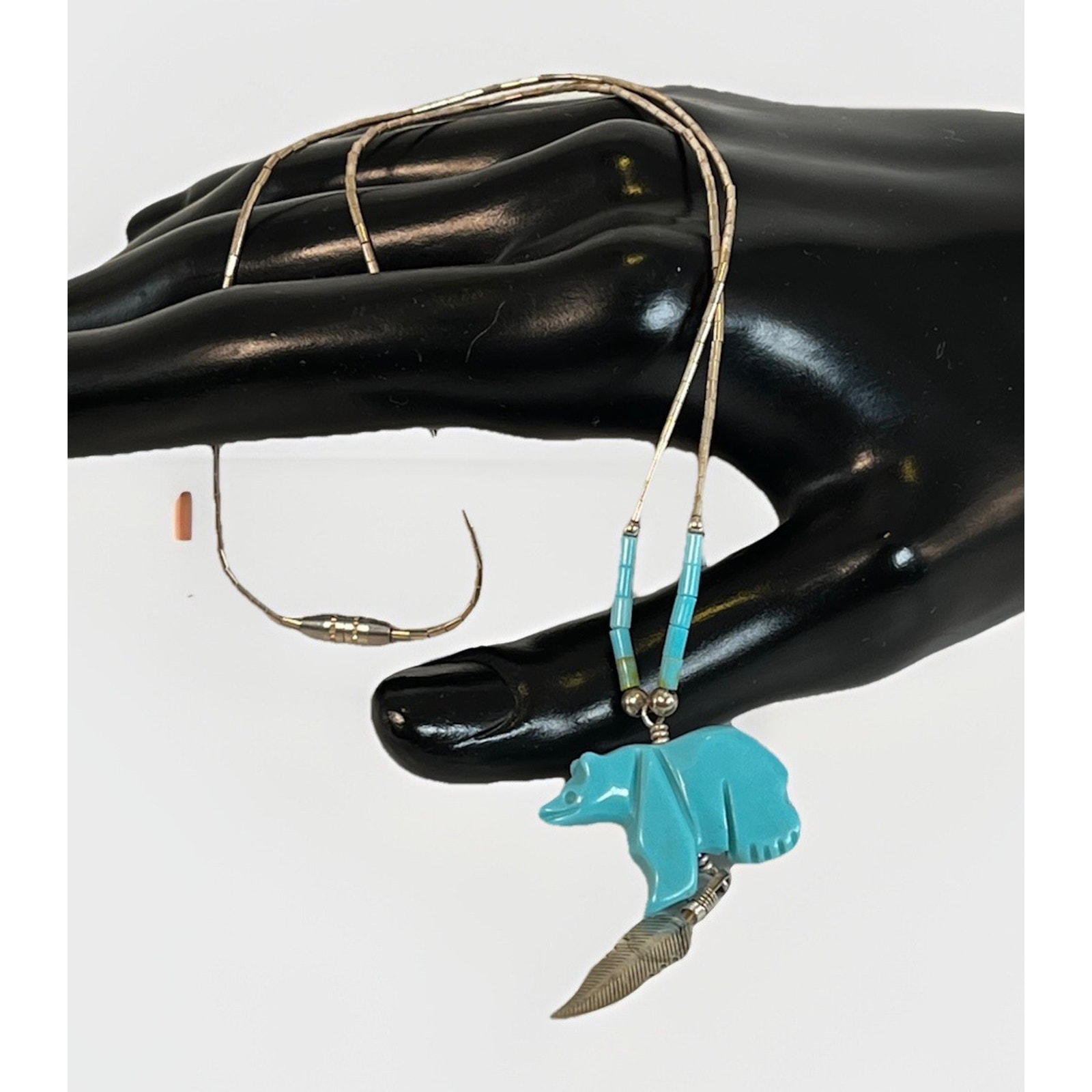 VTG Native American Buffalo & Feather Fetish Necklace Liquid Silver Chain 925