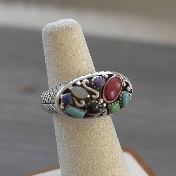 Vintage Sterling Silver 925 Multi Gemstone Large Ring size 6 Southwestern Woven