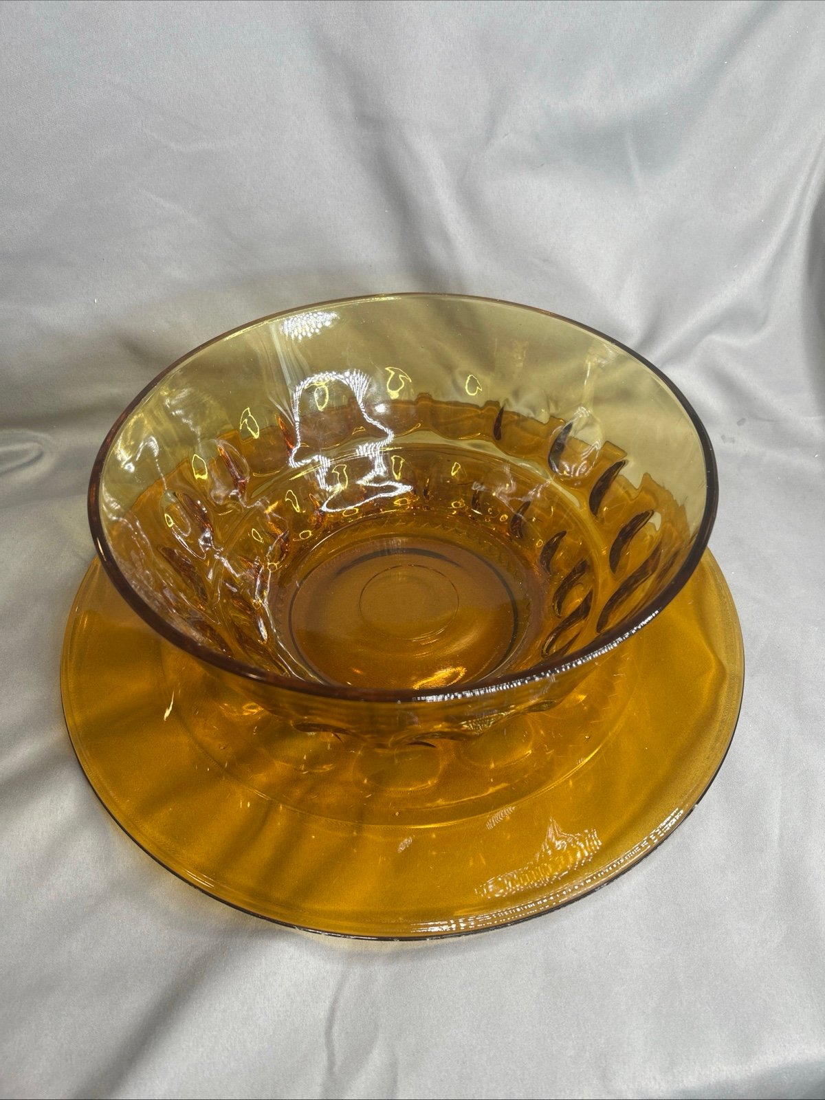 Vintage Mid-Century Amber Glass Thumbprint Pattern Hazel Atlas Bowl And Platter