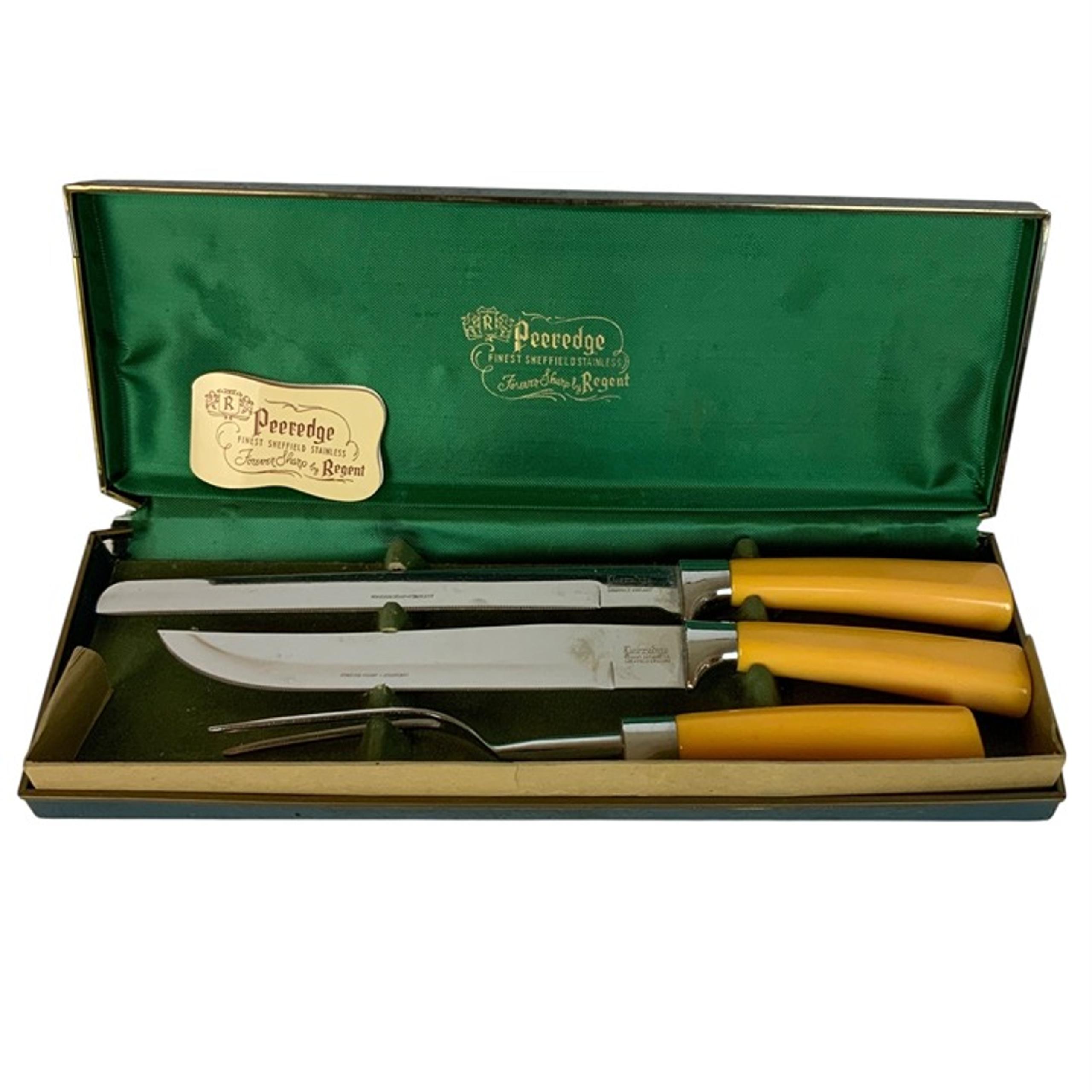 Peeredge Sheffield 3 Piece Carving Set Butterscotch Bakelite Handles England