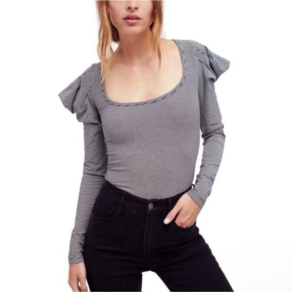 FREE PEOPLE | Penelope Puff Shoulder Black & White Stripe Top Women’s Size XS