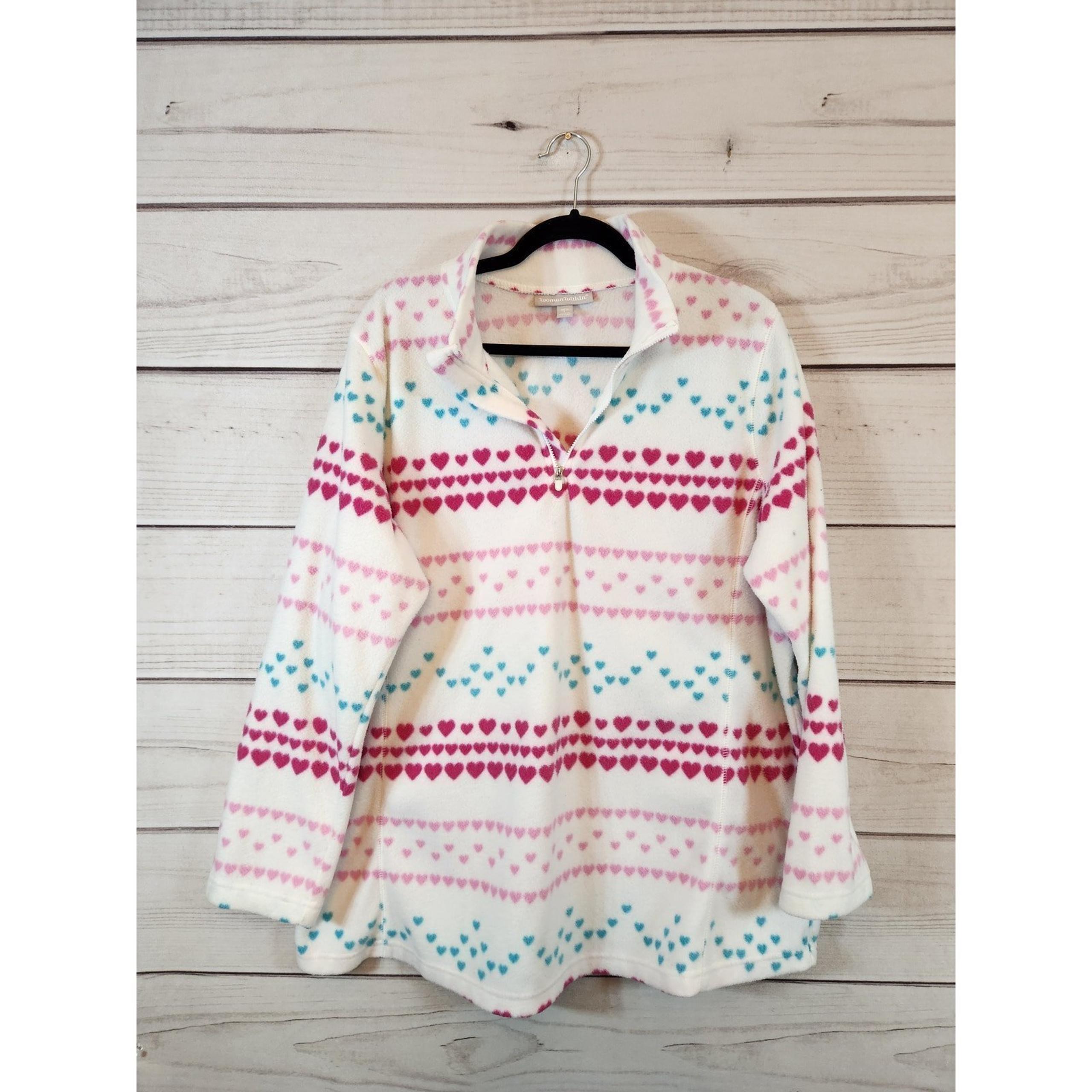 Woman Within Women's White Pink Hearts Print Fleece Pullover Sweater Size 18/20