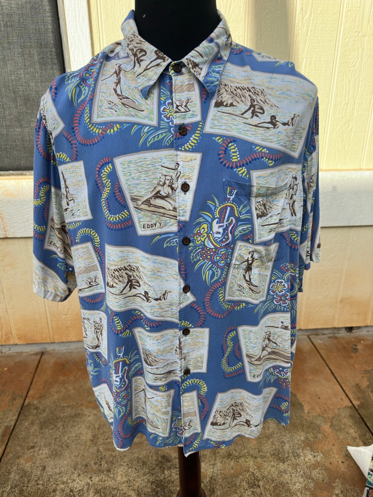 PreOwned Reyn Spooner Hawaiian Print Full Button Blue Men's XL
