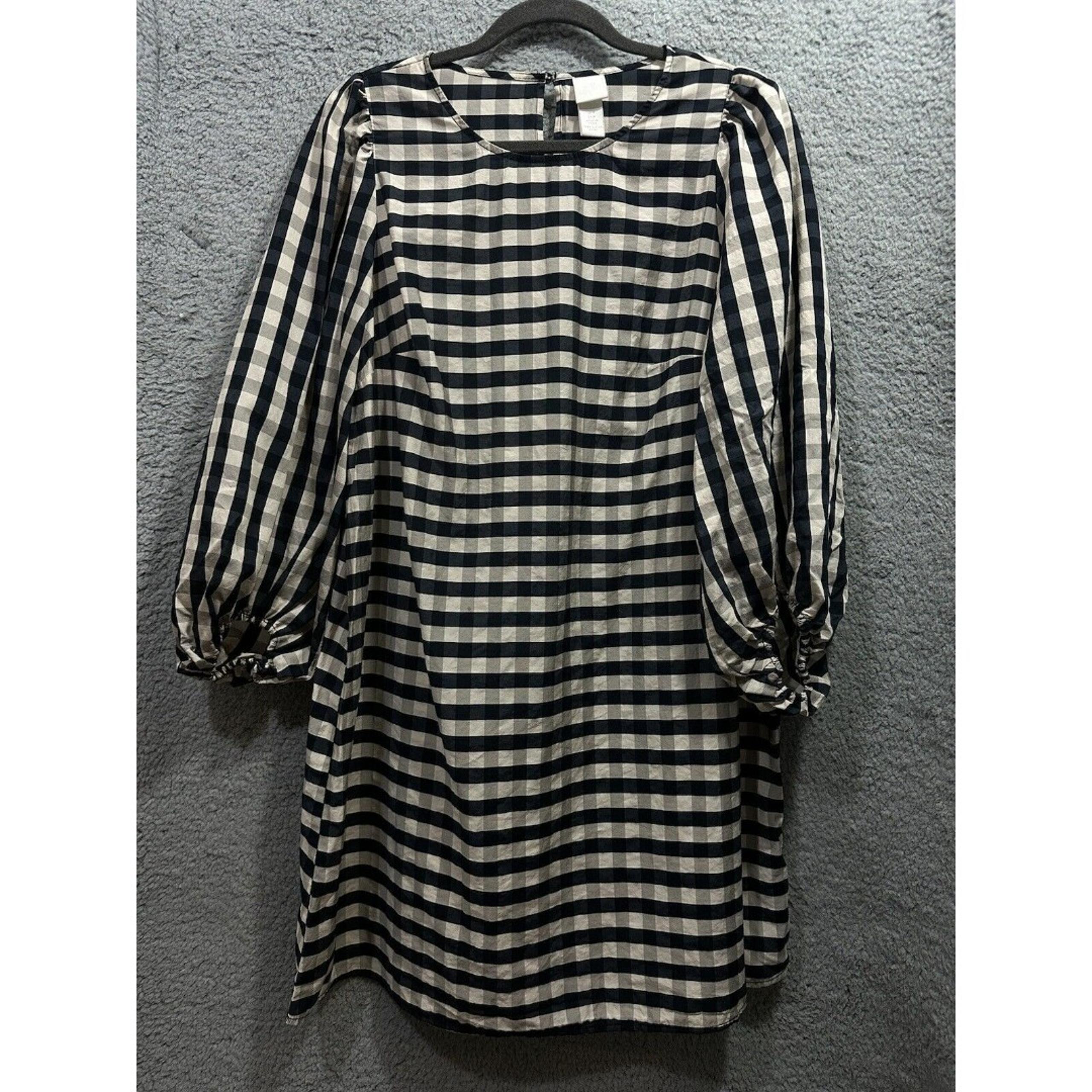 H&M Women's Medium Black Check Round Neck 3/4 Sleeve Pullover Shift Dress S