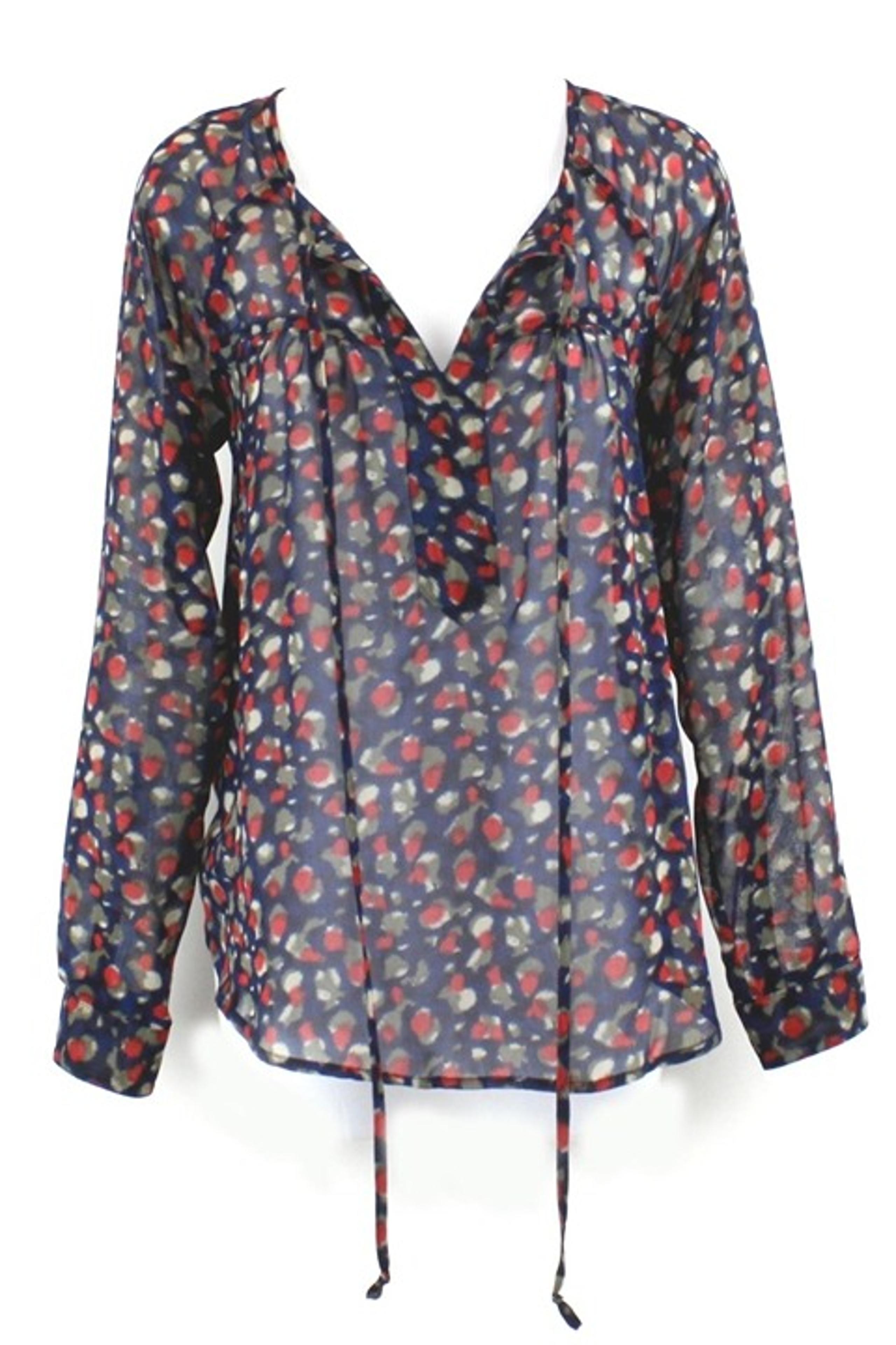 Sandra Ingrish Sz XS Navy Taupe Red Tie Collar LS Boho Sheer Polyester Top