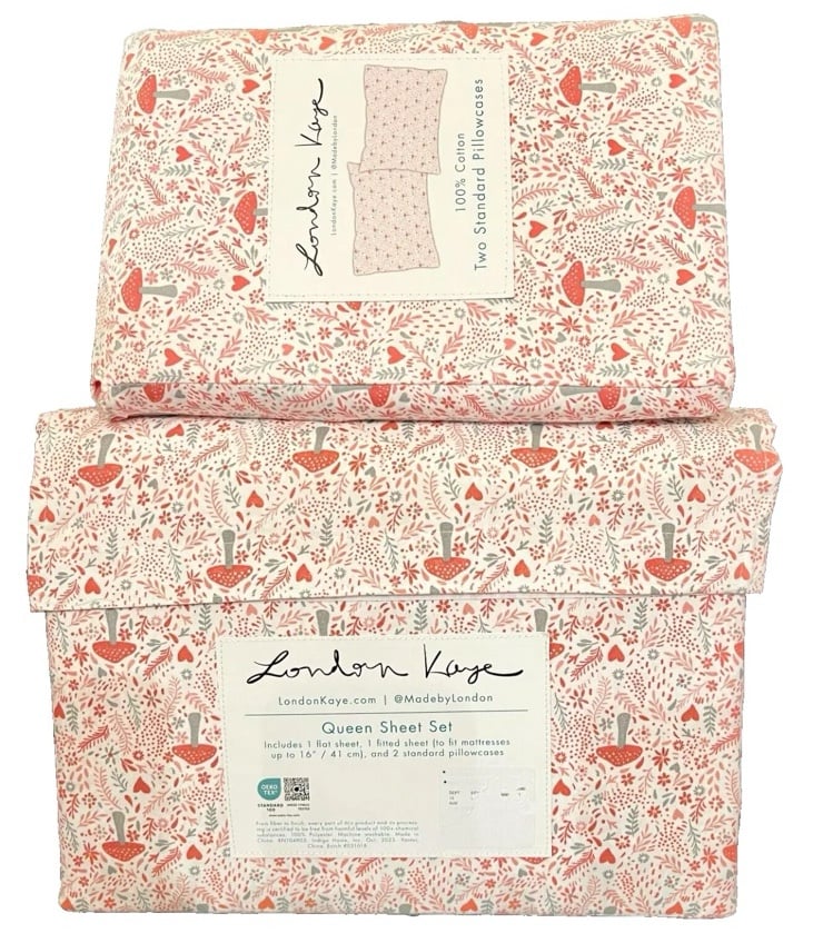 NIP London Kaye Valentines Spring Mushroom Queen Sheet Set & Pillowcase set