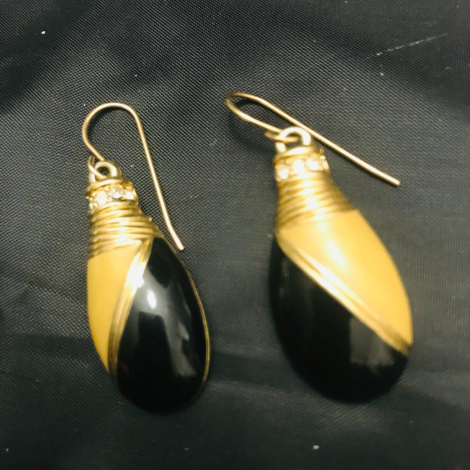 Swarovski Vintage Dangle Earrings gold-tone black cream rhinestones authentic