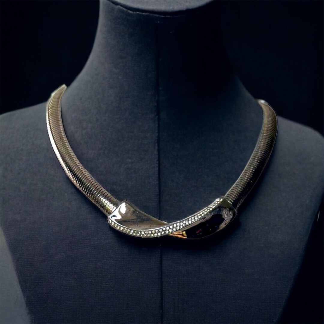 Dazzling Vintage Hattie Carnegie Snake Chain Necklace - Gunmetal & Rhinestones