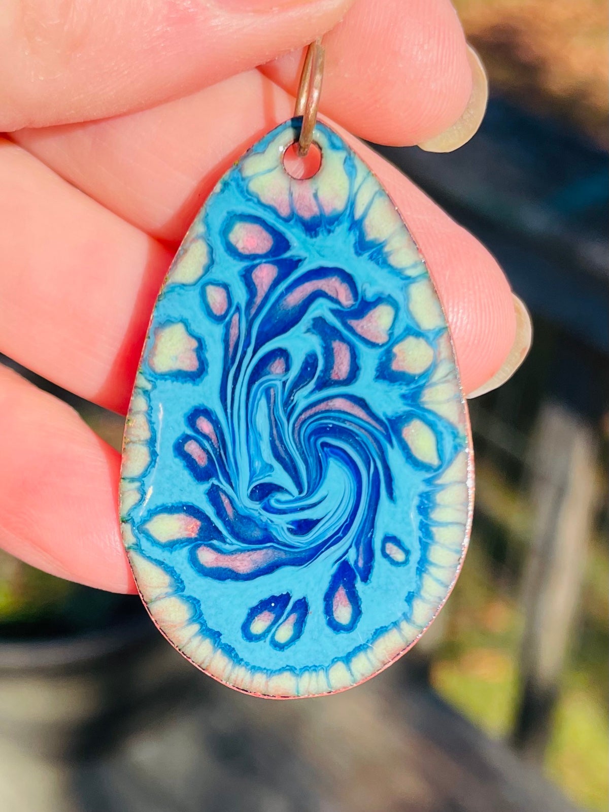 Artisan Glass Enameled Pendant Blue pink cream swirled glass pendant Beautiful