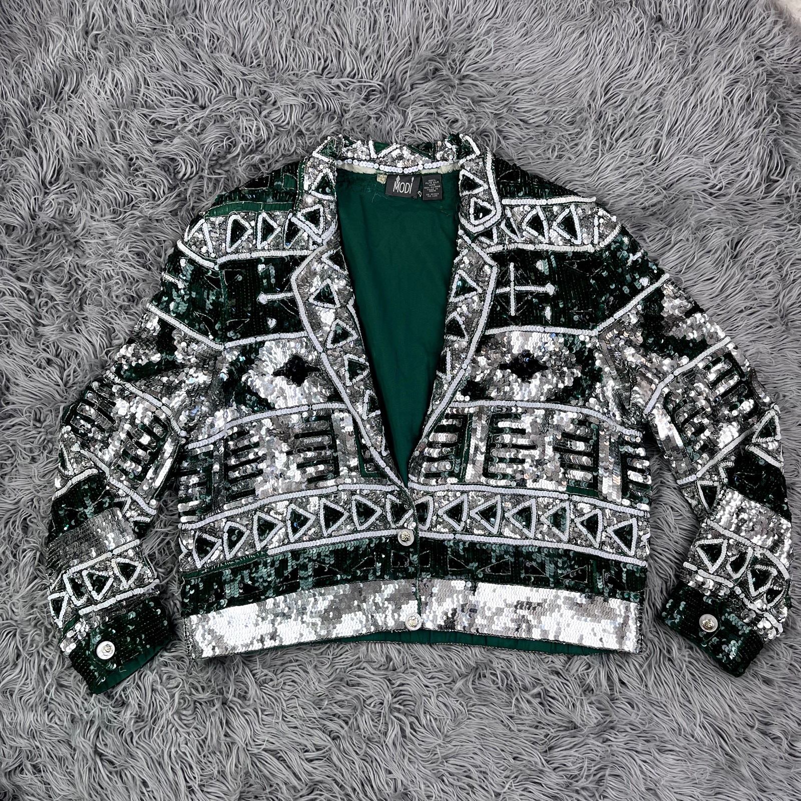 Vintage 80s MODI Cardigan Jacket Green Silver Sequins Geometric Pattern Silk