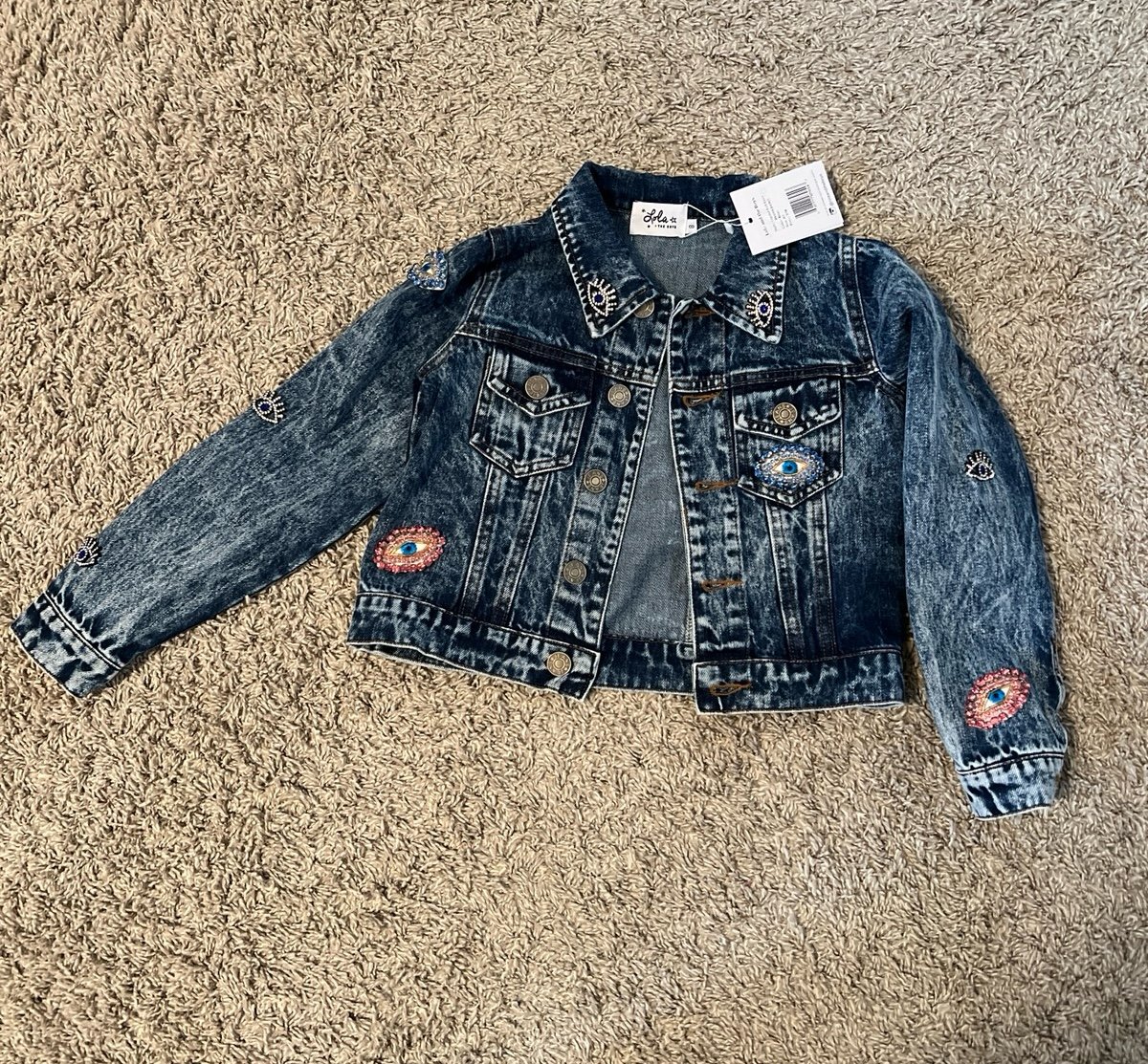 Lola and the Boys crystal evil eyes denim jacket NWT