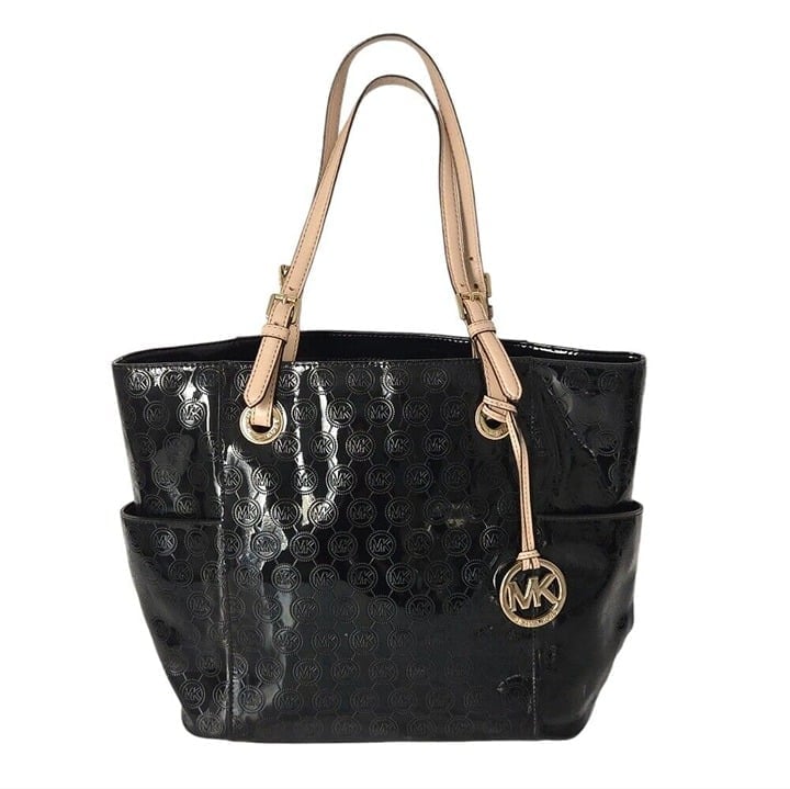 Michael Kors Black Patent Leather Signature Logo Jet Set Tote Handbag with COA