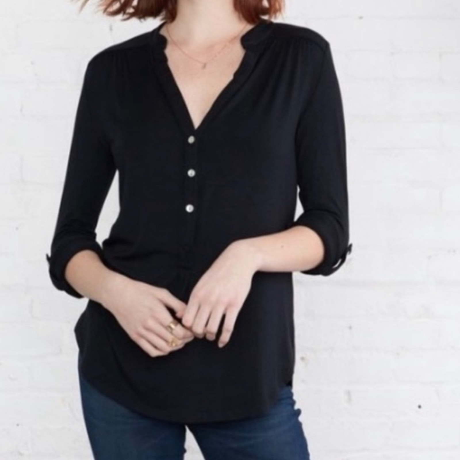 Amour Vert Women's XS Top Black Elena Henley Top NWT