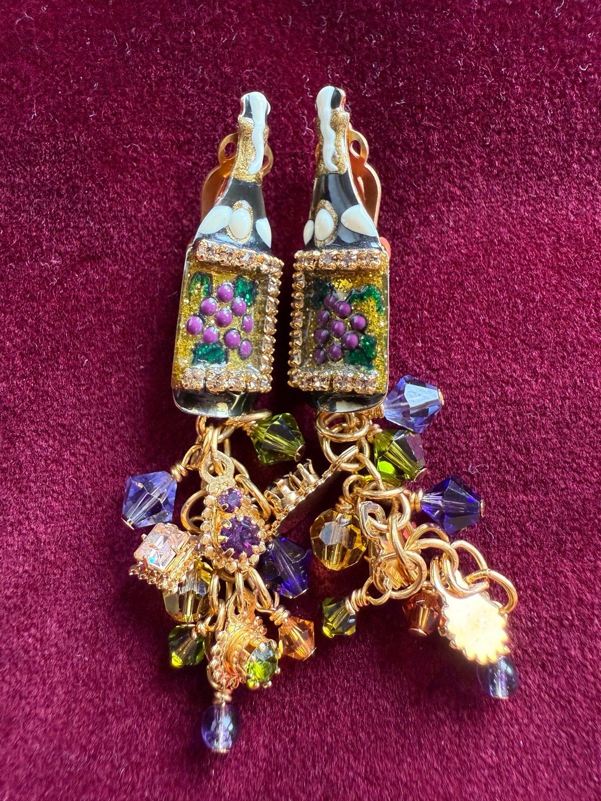 RARE Lunch at the Ritz 'Wine bottle' enamel and crystal Earrings Garden