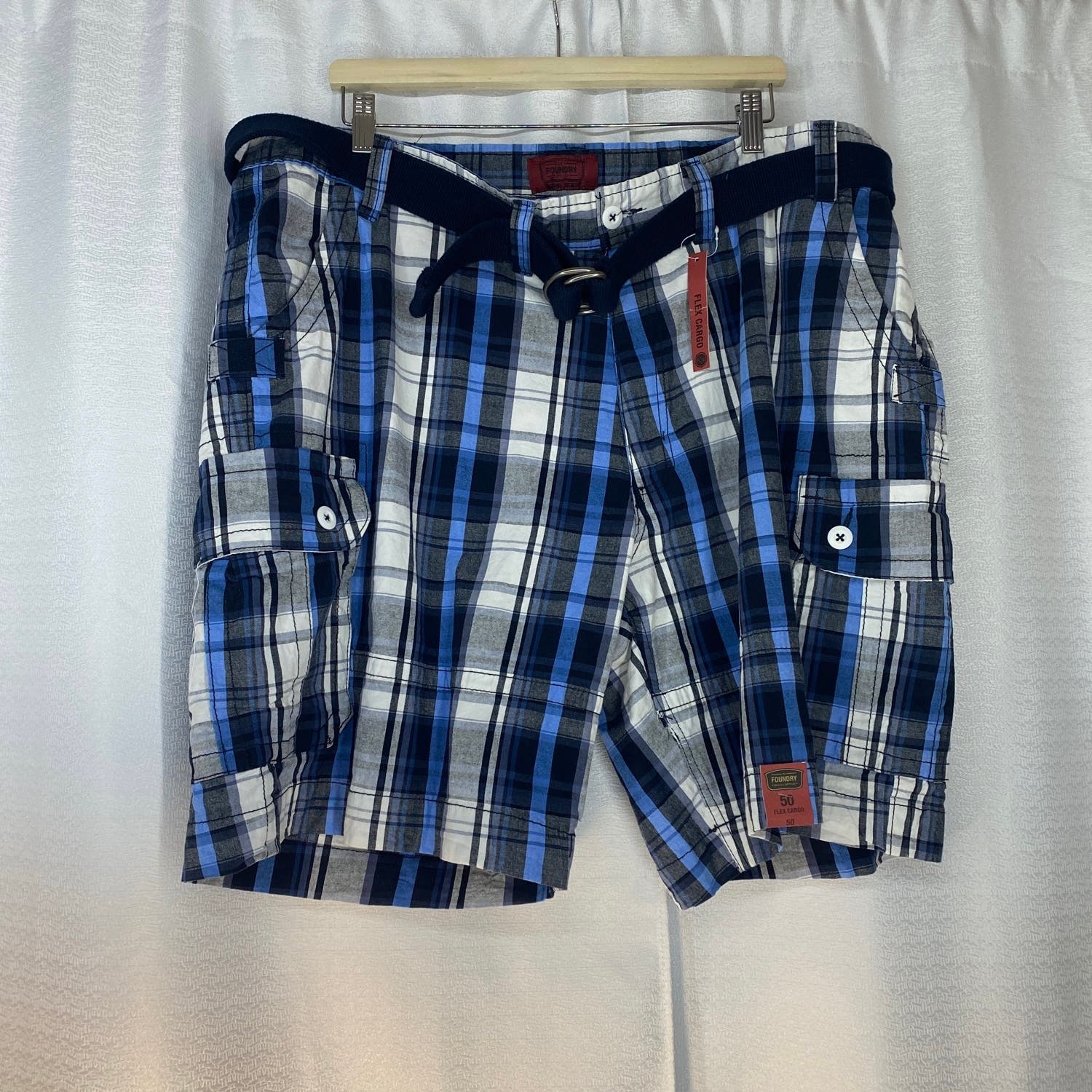 NWT Foundry Flex Cargo Blue Plaid Cargo Shorts men sz 50
