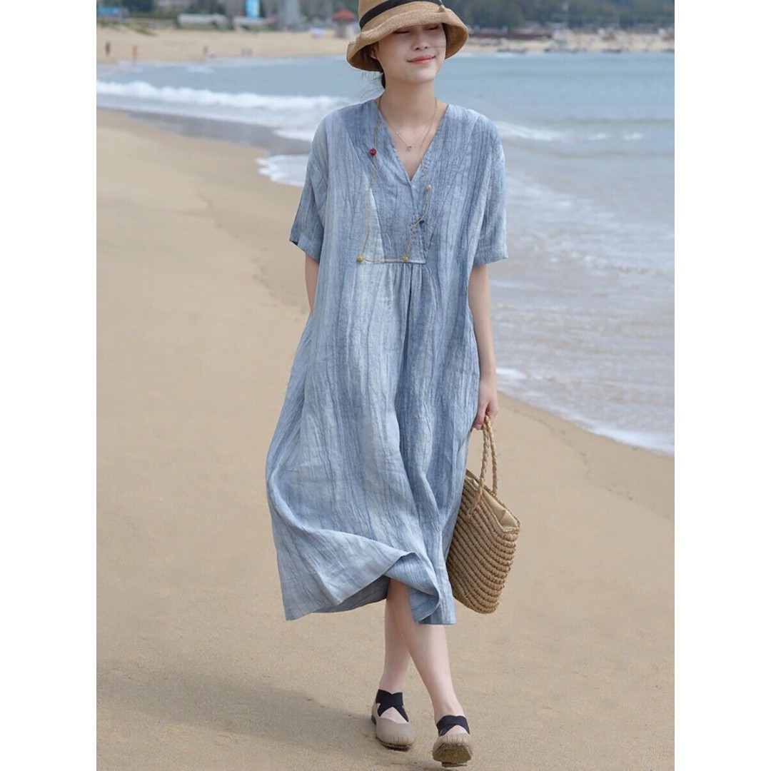 Buykud Linen Dress NWT! V Neck Vintage Linen Women Loose Dress Size M