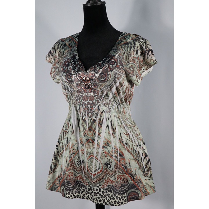 Apt. 9 Petite PM Boho Paisley Lace Back Blouse with Beaded V-Neckline & Elastic