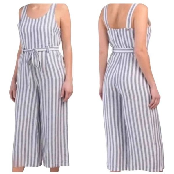 Rachel Zoe Women's White & Blue Linen Striped Romper with Pockets, Sash & Adjust