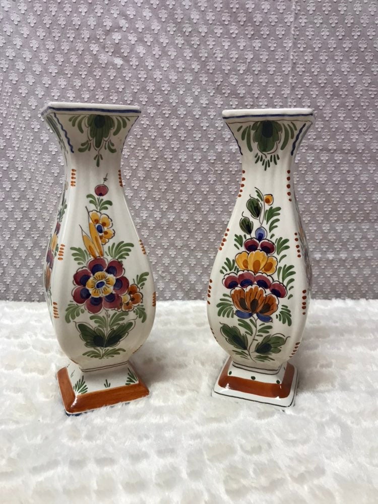 Pair Of Vintage Delft Polychromatic Flower Vases