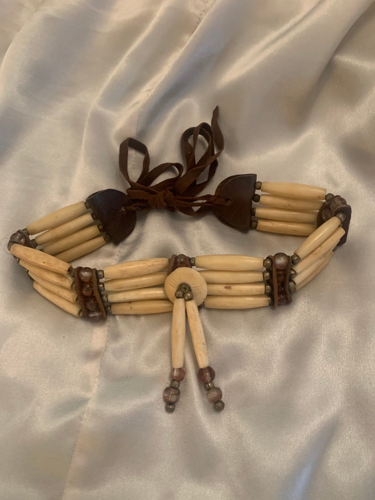 Vintage Native American Choker Handcrafted Bone Brass Glass Beaded Necklace