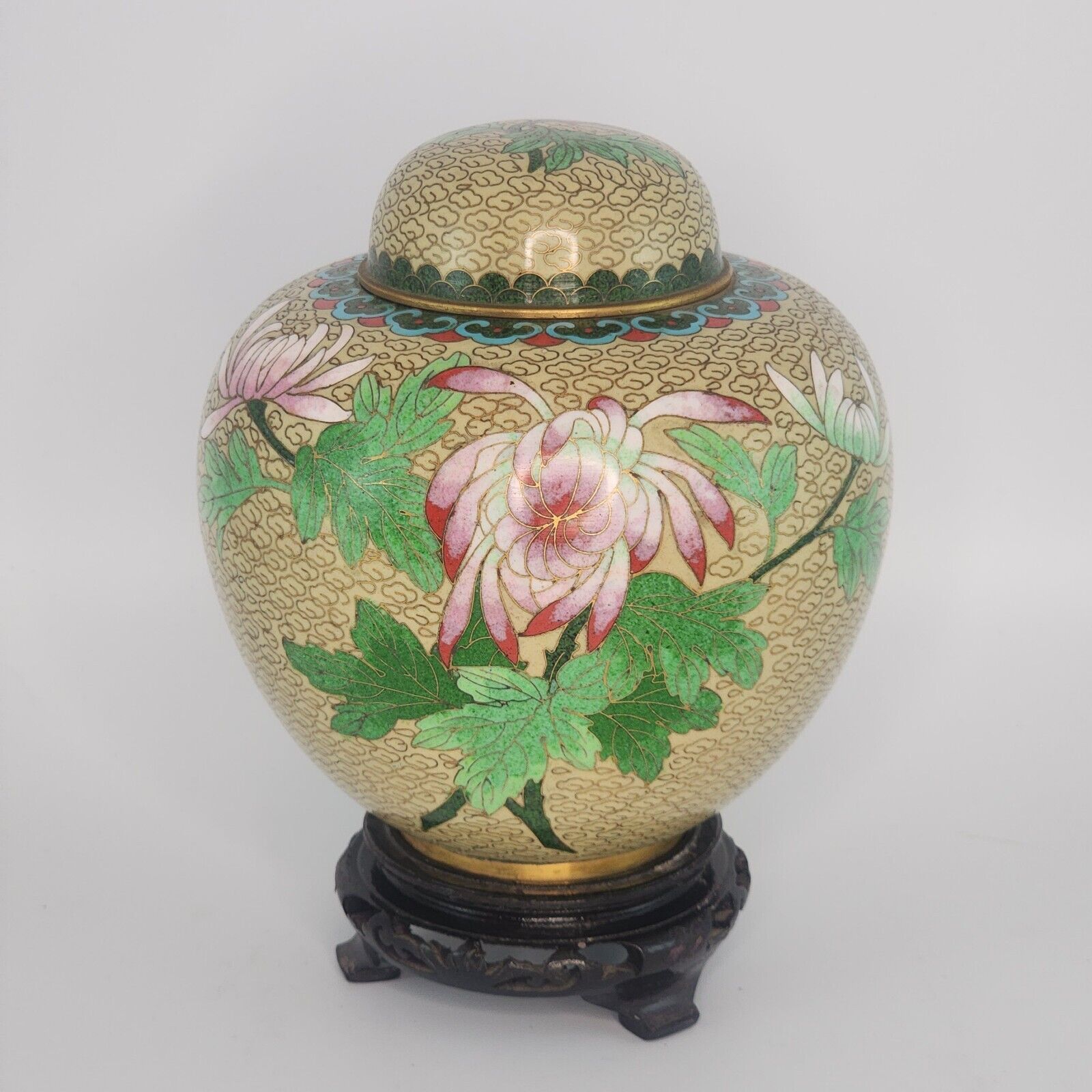 Vintage Cloisonne Green Floral Enamel Lidded Vase Urn with Pedestal