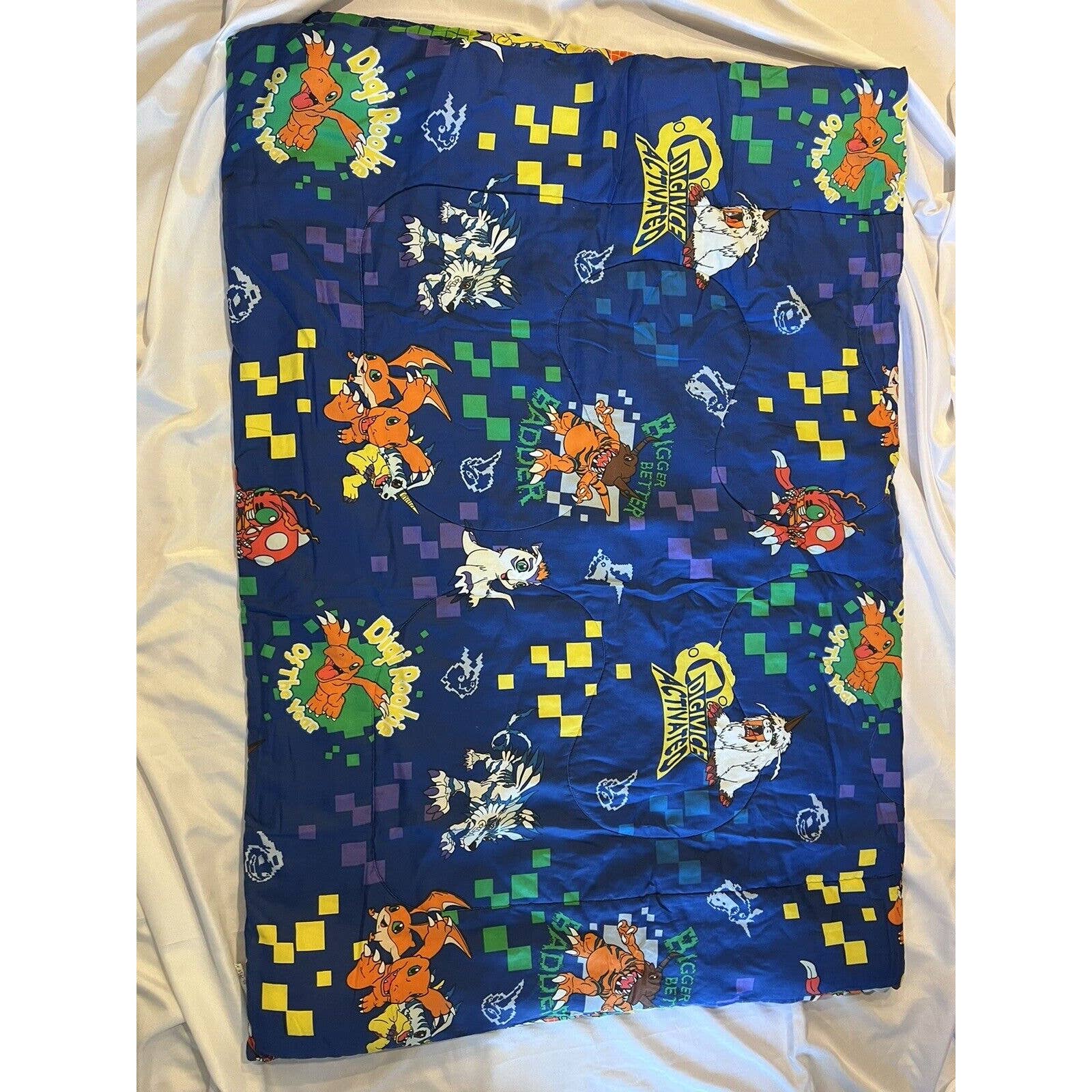 Vintage 90s Digimon Reversible Twin Size Hongo Anime Blanket Comforter Bedspread