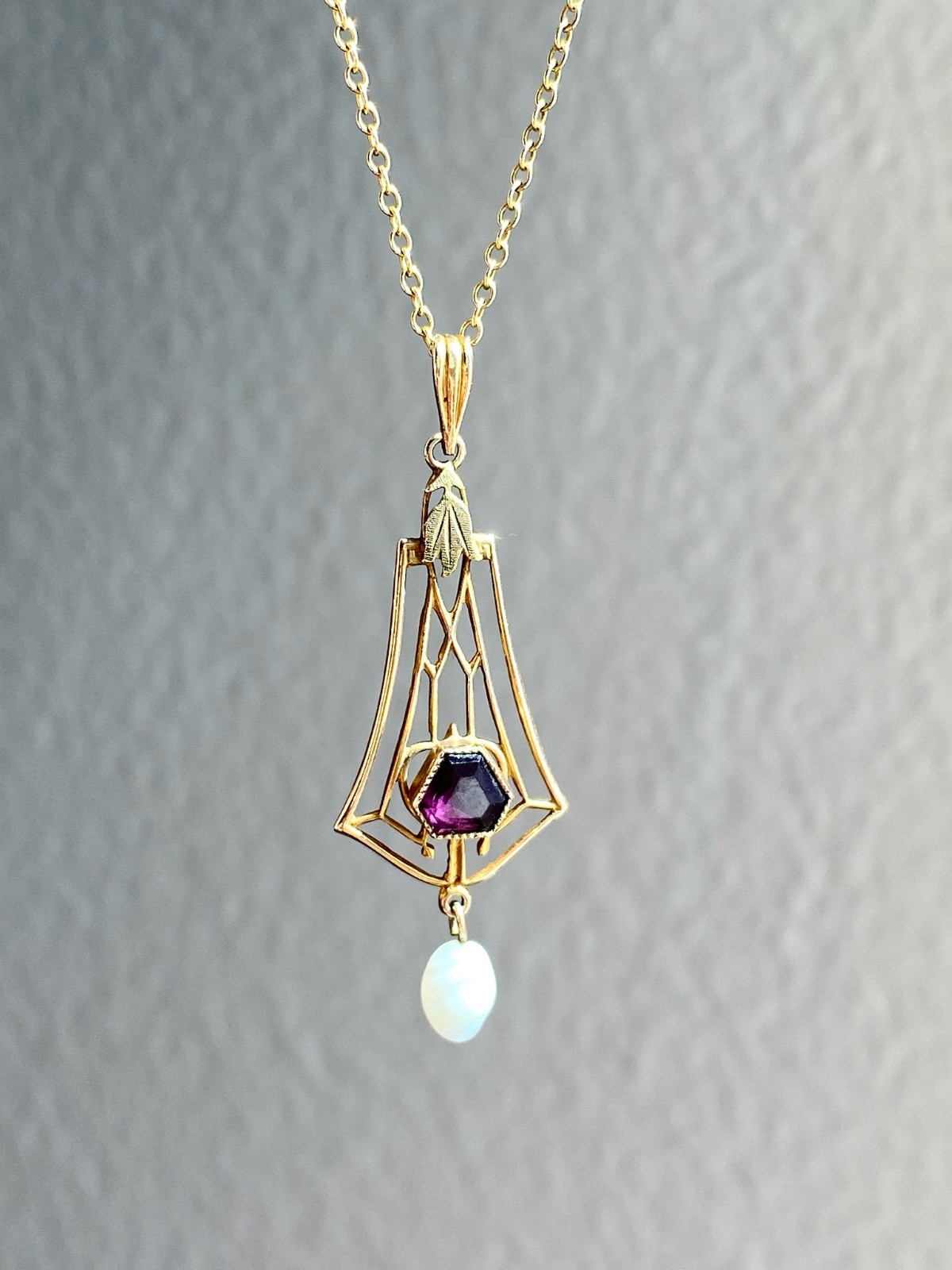 10K Gold Gothic Art Nouveau Antique Pendant With Amethyst and Pearl