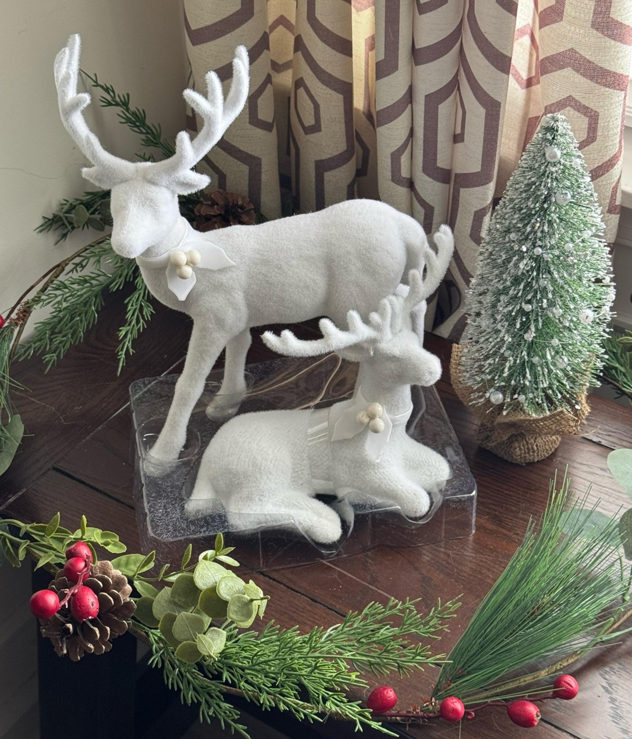 Christmas White Flocked Deer Tabletop Decorations~Holiday Accent Home Decor Set