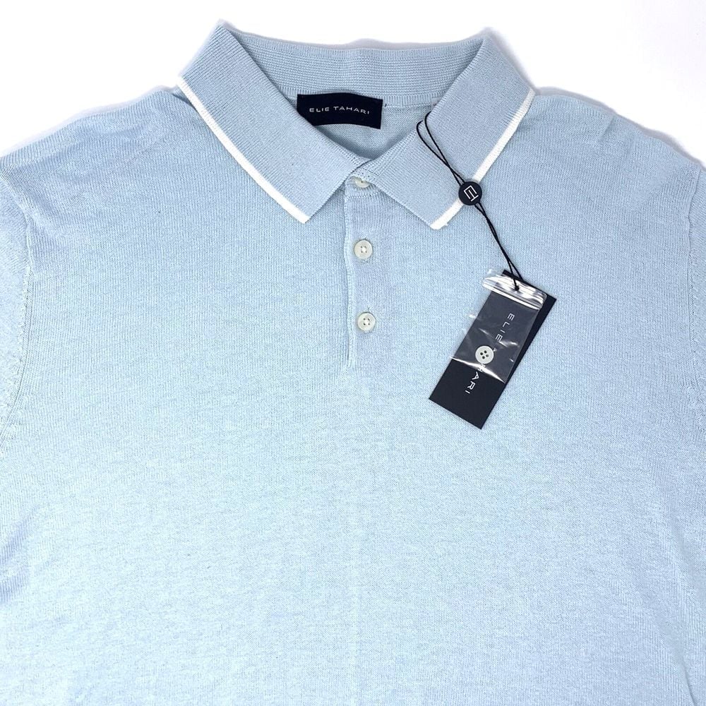 Elie Tahari Men's Pullover Short Sleeve Blue/White Collared Knit Sweater Size M