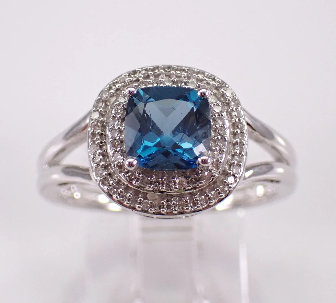 London Blue Topaz and Diamond Ring - White Gold Halo Engagement Setting