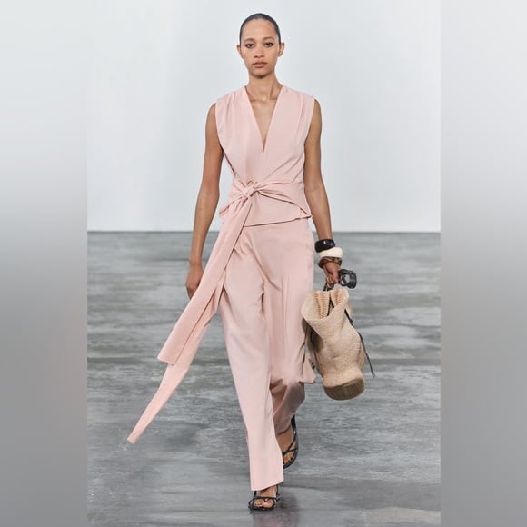 NWT Zara Tied Poplin Top & Wide Leg Pants ZW Collection Matching Set Pink Size S