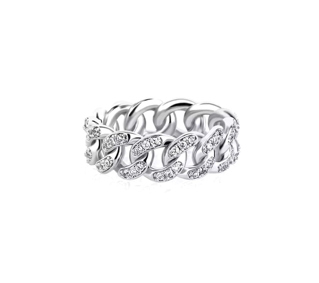 NEW Men's 8mm Iced White Gold Plated Cuban Chain Ring Adjustable