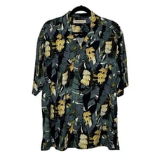 Tommy Bahama Silk Camp Shirt Size XL Black Green Yellow Bananas Tropical Travel