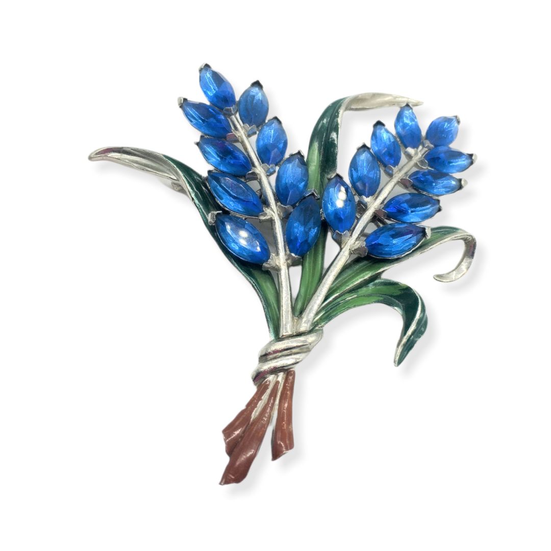 1940s Coro Blue Hyacinth Enamel and Rhinestone Brooch