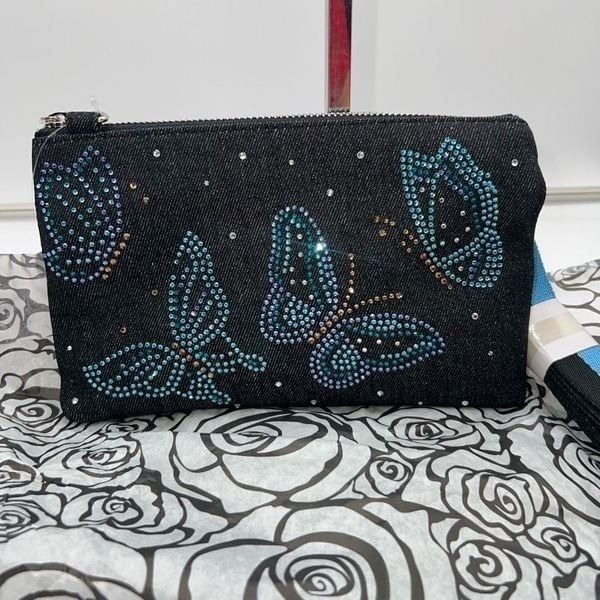 Brighton Black Denim Sparkle Butterfly Crossbody Bag with Original Tissue Paper