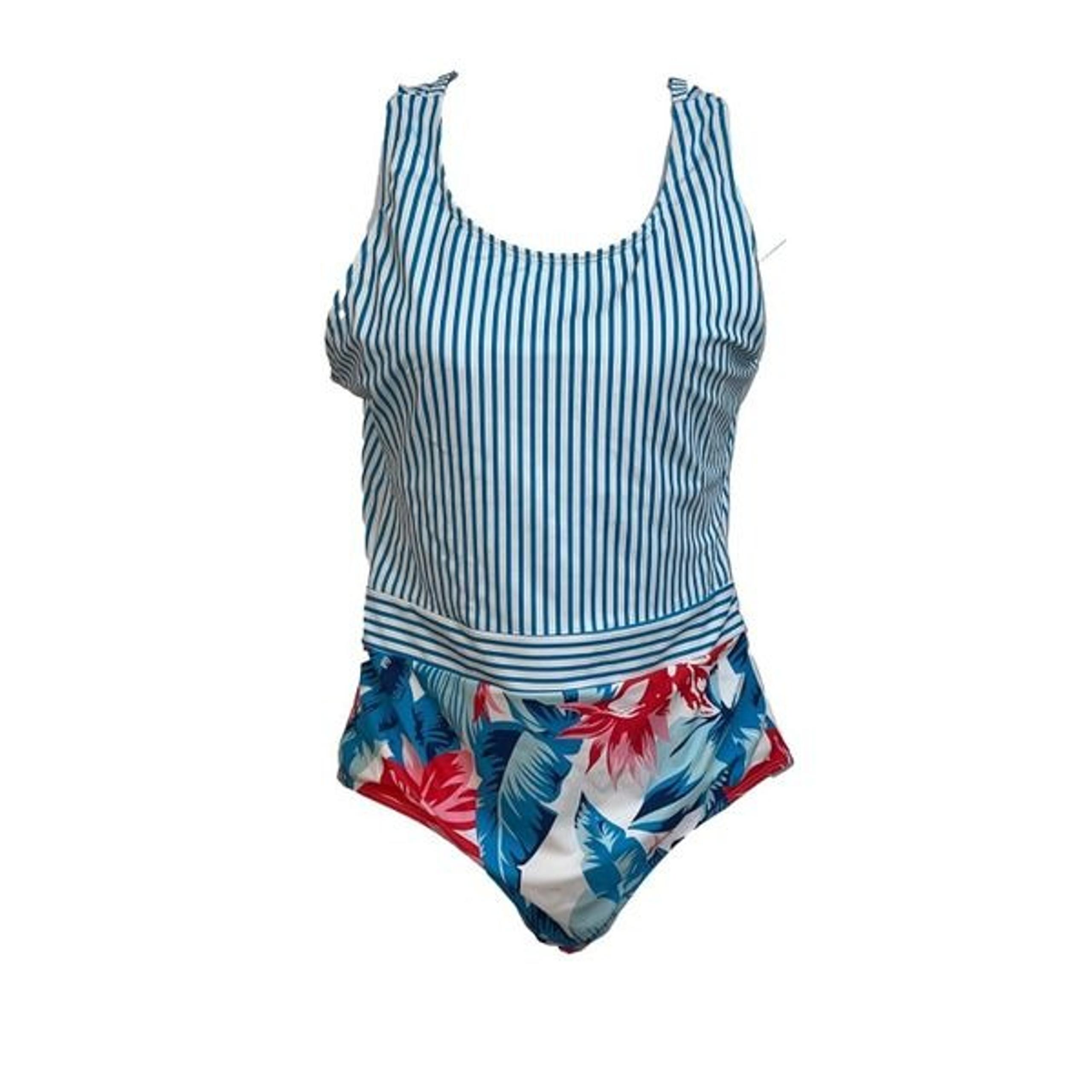 Shein Women's Blue & White Striped Floral One-Piece Swimsuit Size M