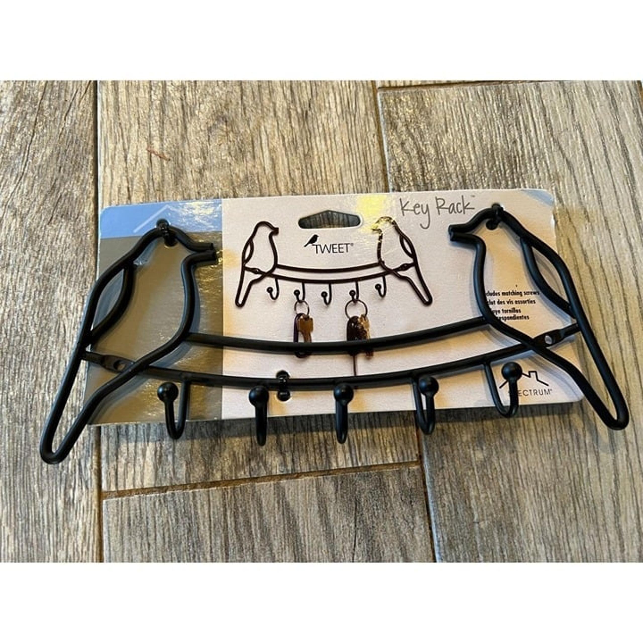 5 Hook Key Rack Wall Mount Metal Black Tweet Bird Coat Hanger Decor NWT Hanging