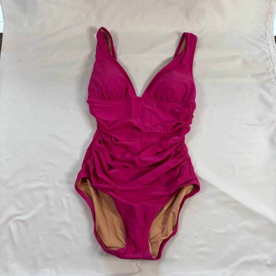 NWT J Crew Pink Ruched V Neck One Piece Swimsuit Beach Barbie Classic Size 18