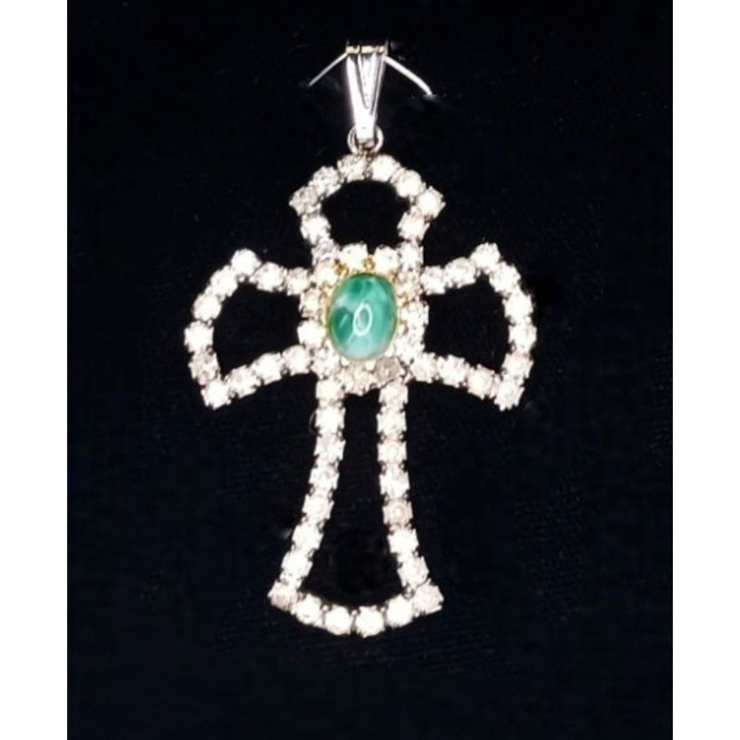 Vintage SARAVEL CZECH Cross White Rhinestone Green Glass Cabachon Pendant & Box